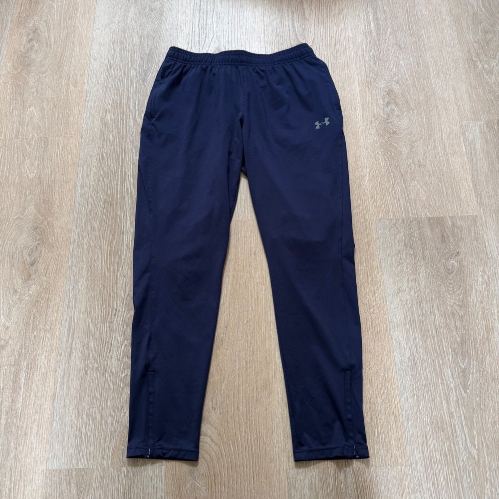 Under Armour Fitted Track Pants Mens Medium Navy Blue Ankle Zip Joggers
